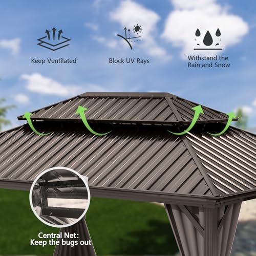 10 x 10 ft Hardtop Gazebo with Netting and Curtains, Galvanized Steel Roof for Patio K80436
