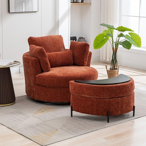 Oversized Swivel Barrel Chair with Ottoman, Chenille, Beige M813