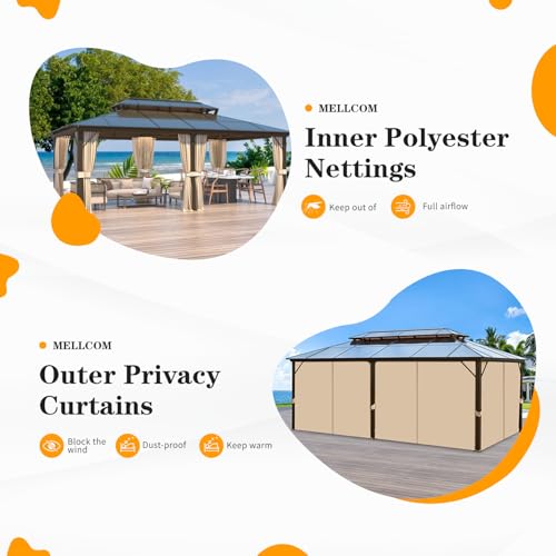 10x13 Hardtop Gazebo with Polycarbonate Double Roof, Aluminum Frame, Curtains and Netting S2701