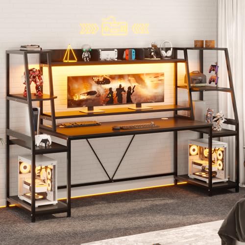 Gaming Desk with LED Lights, Hutch and Storage Shelves, Black O742