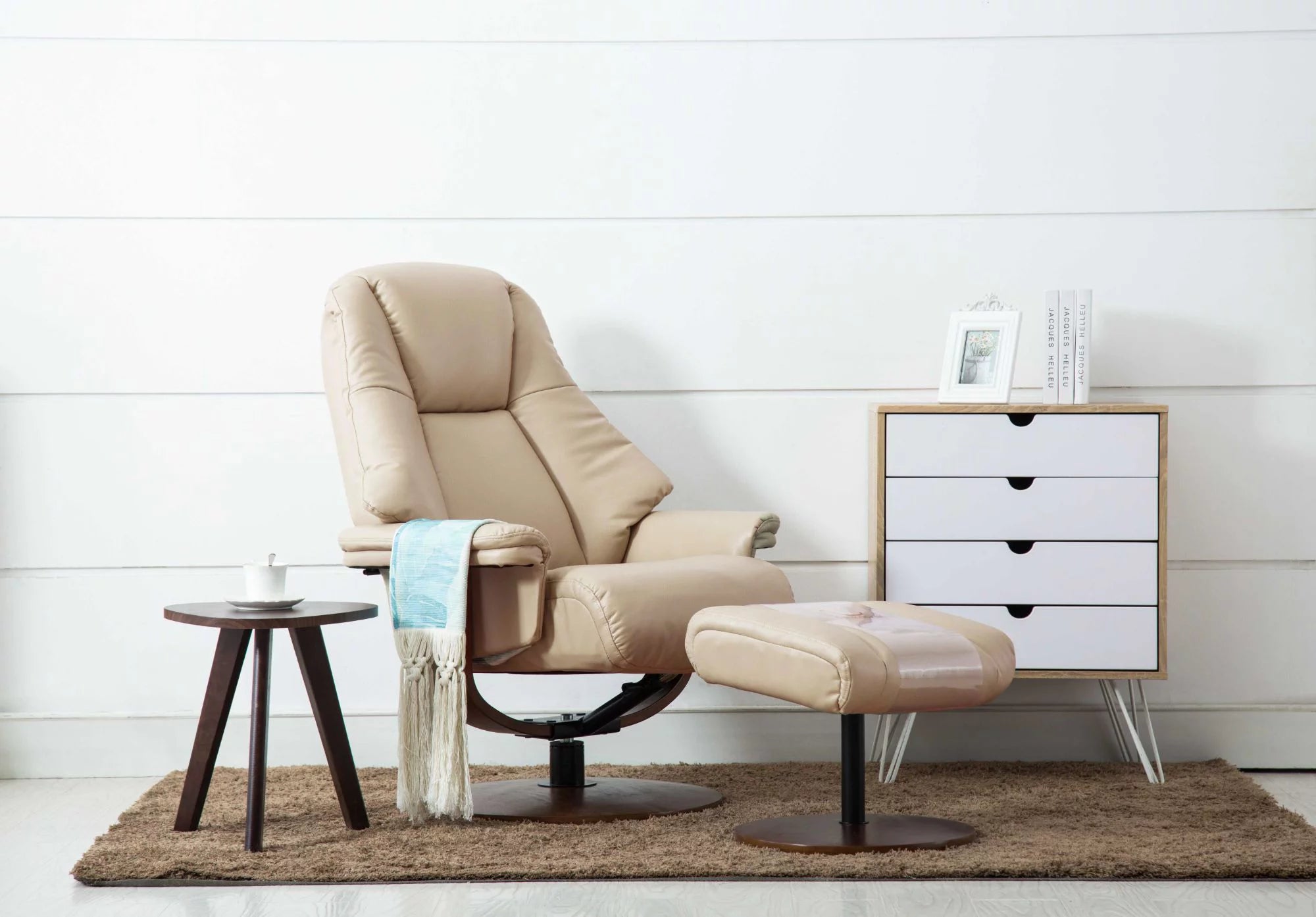 Beige and Brown Recliner Chair with Ottoman T14371