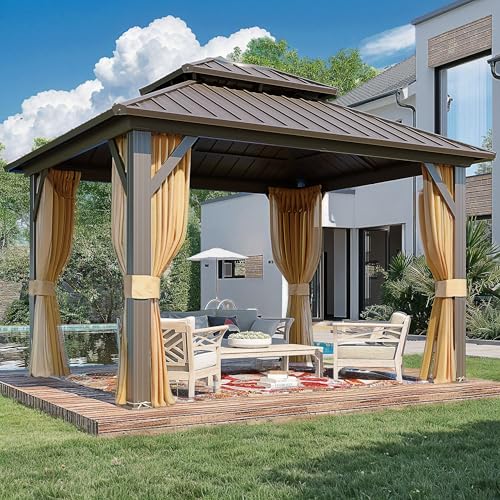 10x13 Hardtop Gazebo with Polycarbonate Double Roof, Aluminum Frame, Curtains and Netting S2701