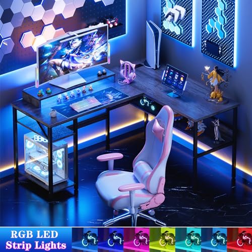 Reversible L Shaped Desk with Power Outlets and LED Light, Corner Computer Desk with Monitor Stand and Storage Shelves, Black A318171