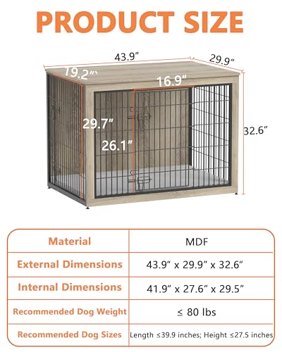 Dog Crate Furniture with Cushion, Heavy-Duty Metal Mesh, Wooden End Table with Double Doors, Indoor Kennel for Small Breed, Grey M3321
