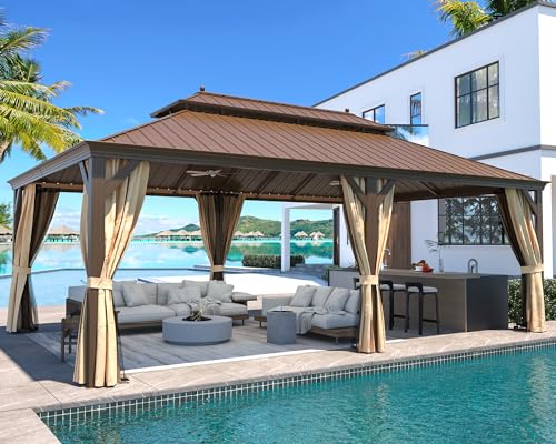12x16 ft Hardtop Gazebo with Double Roof, Curtains and Netting T94173
