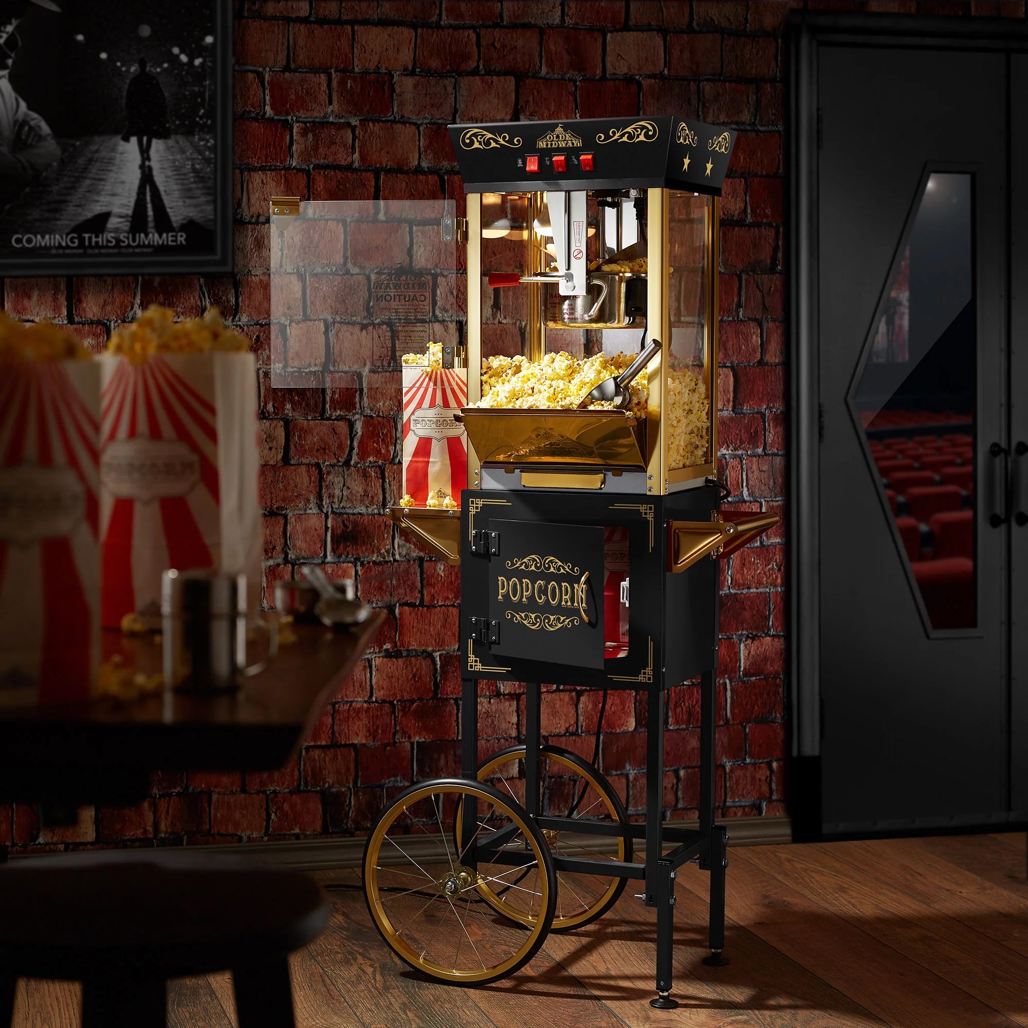 Movie Theater-Style Popcorn Machine with Cart and 8 oz Kettle, Black L2429