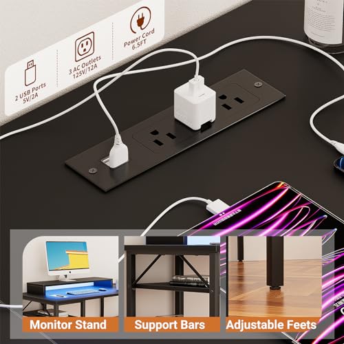 Reversible L Shaped Desk with Power Outlets and LED Light, Corner Computer Desk with Monitor Stand and Storage Shelves, Black A318171