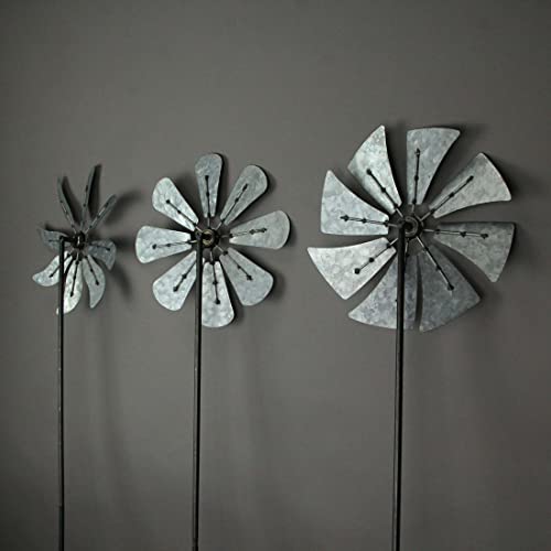 Set of 3 Galvanized Grey Windmill Wind Spinner Garden Stakes, 41 Inches High R6069
