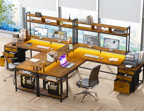 Large L Shaped Gaming Desk with Hutch and Drawers, 64" Reversible Computer Desk with Storage Shelves, Monitor Stand and LED Light for Home Office, Power Outlets, White V6783