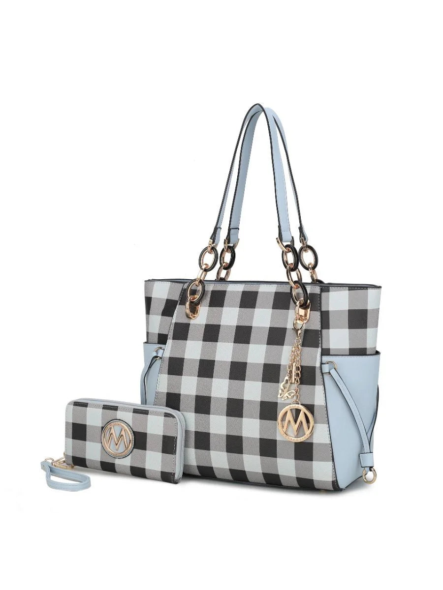 Checkered Tote Handbag with Wallet Z717