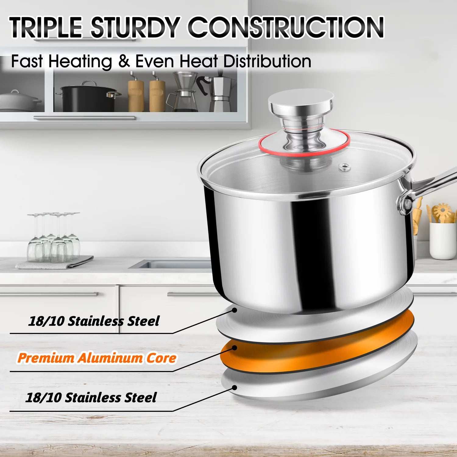 2 Quart Saucepan with Glass Lid, Tri-Ply Stainless Steel Milk Pan M7582