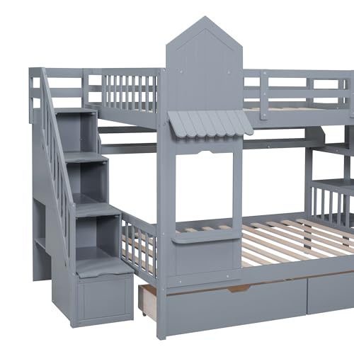Kids Bunk Bed with Stairs and Slide, Twin Over Twin, Gray O540