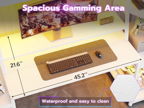 Gaming Desk with LED Lights, Hutch and Storage Shelves, Black O742