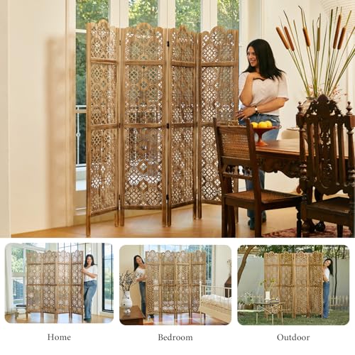 Wood Carved Room Divider 4 Panel Folding Partition Screen X503933