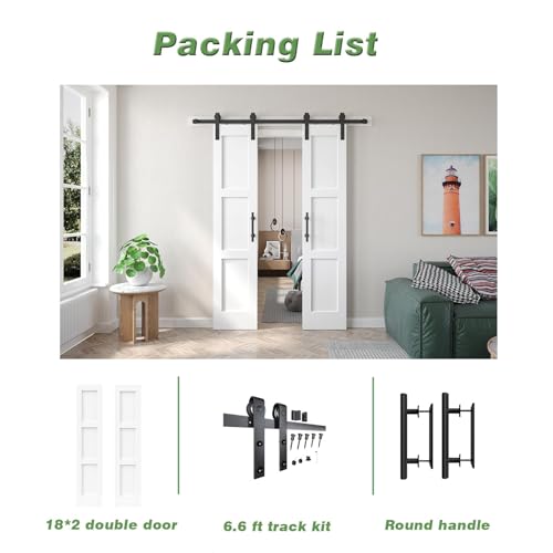 Double 21x84in White Barn Door with 7FT Sliding Hardware Kit, MDF, PVC Surface, DIY Assembly R60322