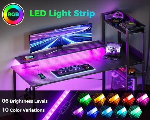 Reversible Gaming Desk with USB Charging Port and LED Lights, 40 Inch Computer Desk with Storage Shelves M571