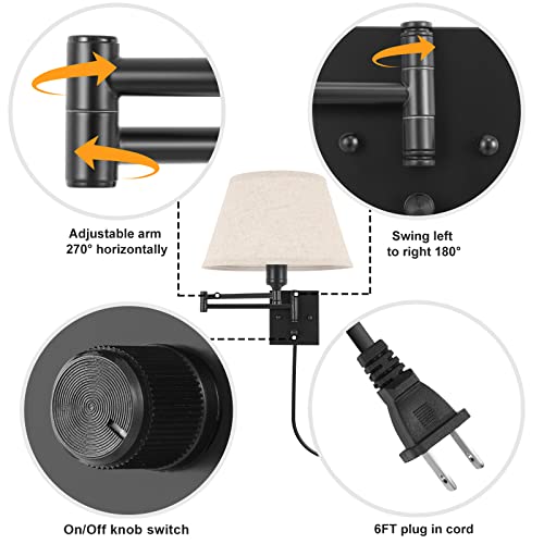Wall Sconces Plug in, Remote Control Dimmable, Swing Arm Wall Lights with Fabric Shade, 2 Pack R441114
