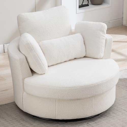 Oversized Swivel Barrel Chair with Ottoman, Chenille, Beige M813