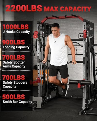 Smith Machine Home Gym All in One Squat Rack Power Cage with Cable Systems E5406