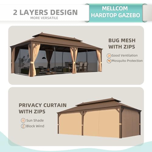 12x16 ft Hardtop Gazebo with Double Roof, Curtains and Netting T94173