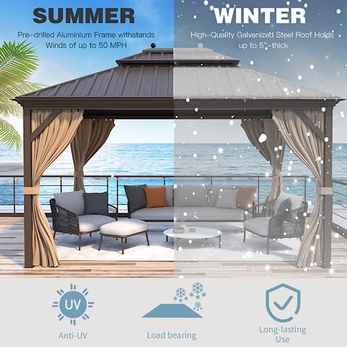 12x16 ft Hardtop Gazebo with Double Roof, Curtains and Netting T94173