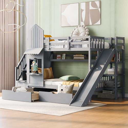 Kids Bunk Bed with Stairs and Slide, Twin Over Twin, Gray O540