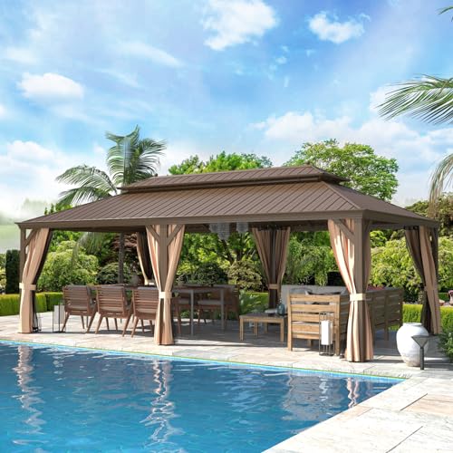 12x16 ft Hardtop Gazebo with Double Roof, Curtains and Netting T94173