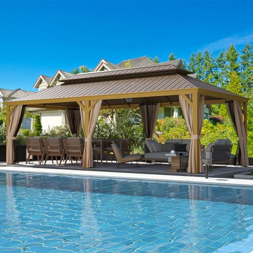 12x16 ft Hardtop Gazebo with Double Roof, Curtains and Netting T94173