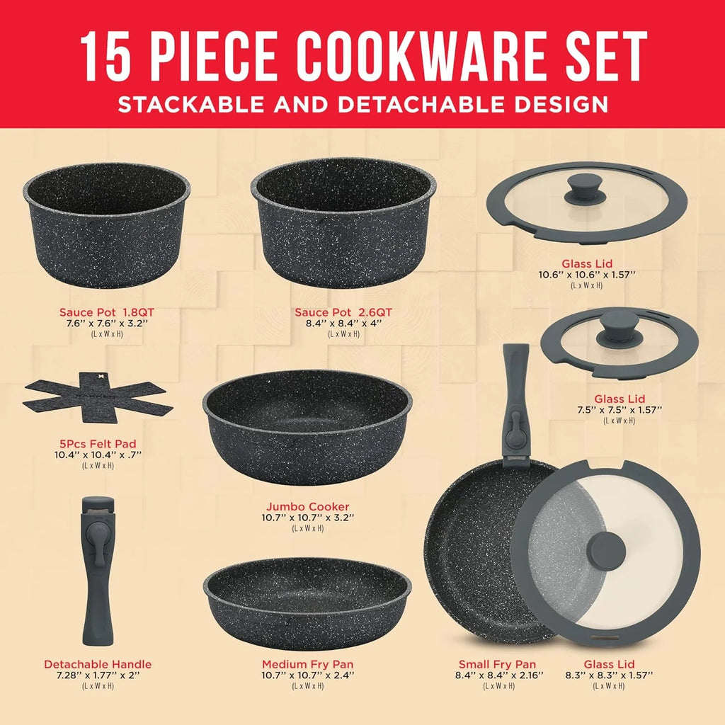 Detachable 15-Piece Cookware Set, Granite Non-Stick, Stackable, Oven-Safe D2473
