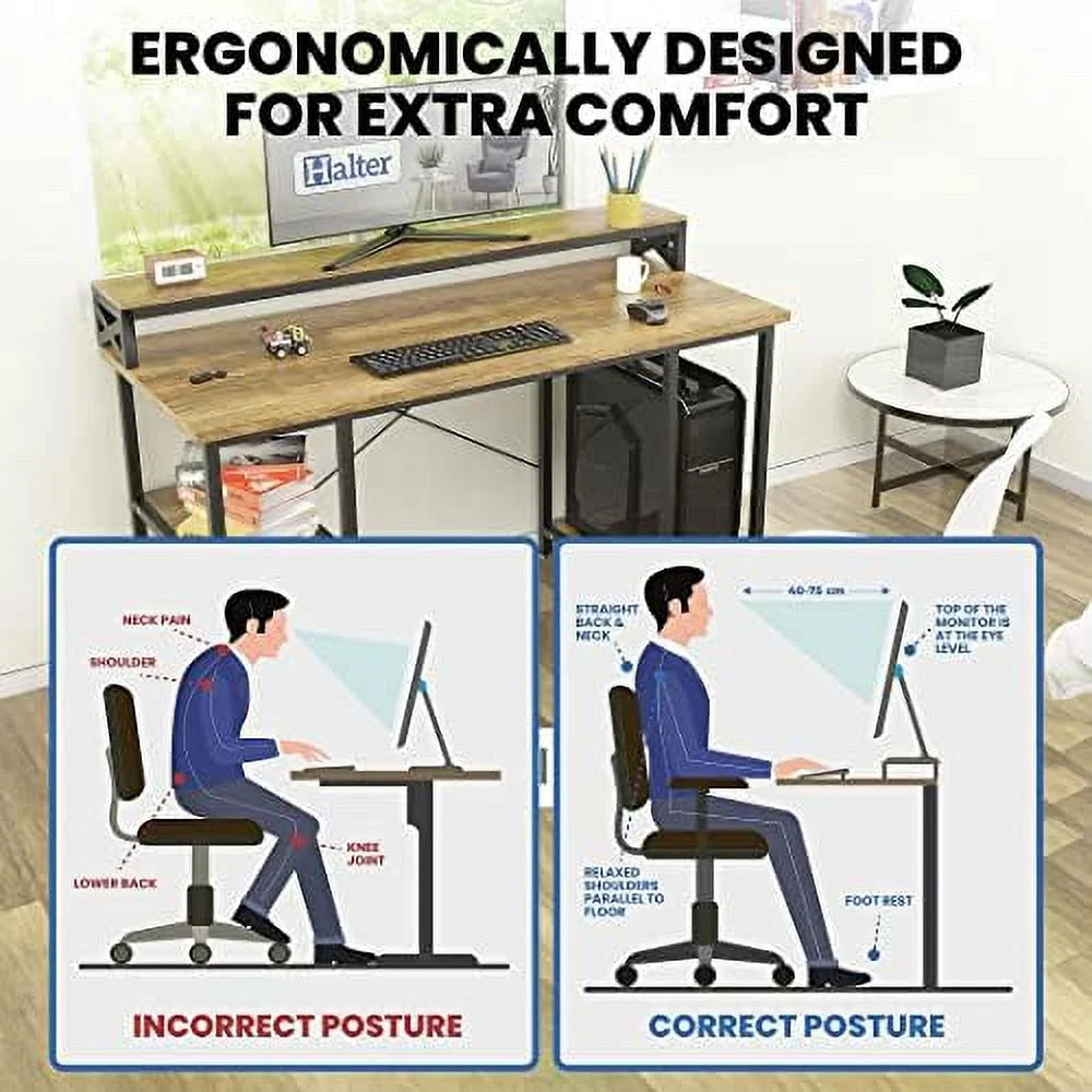 Industrial Computer Desk with Monitor Shelf, 55 Inch, Walnut and Black O381