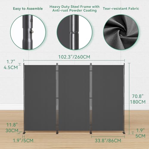 8-Panel 6 ft Tall Indoor Folding Room Divider, Portable Privacy Screen, Freestanding Partition, Dark Grey G253901