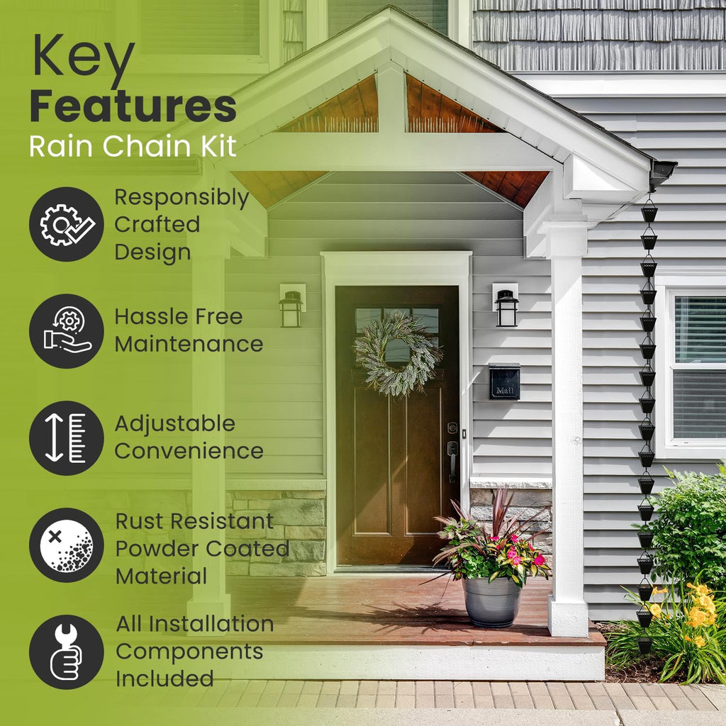 Rain Chain Kit with Adapter and Extension, 10 ft, Black Powder Coated X2236