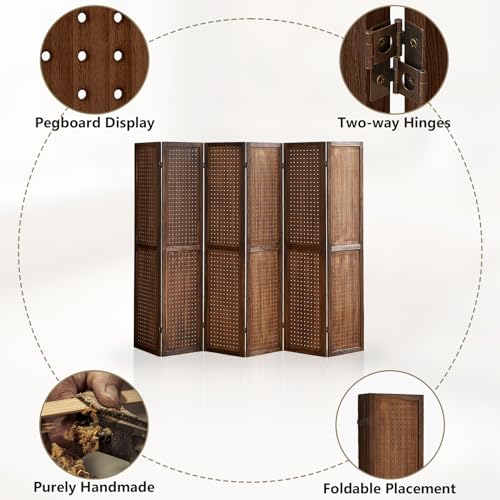 Wooden Pegboard Room Divider with Folding Privacy Screen, 5.6Ft, Light Brown D937870