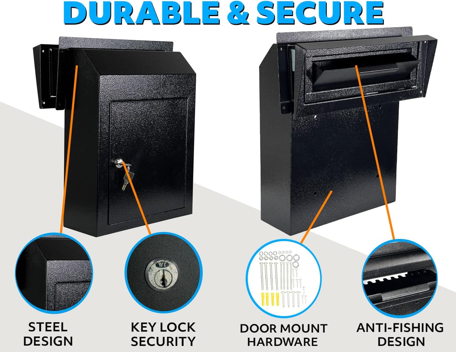 Rainproof Heavy Duty Mailbox Door Drop Box - Galvanized Steel Weatherproof for Keys, Deposit, Mails (Black) A8757