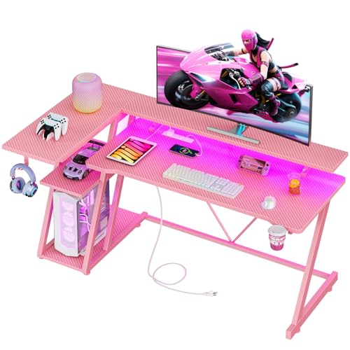 L Shaped Gaming Desk with Power Outlet and LED Lights Y52619