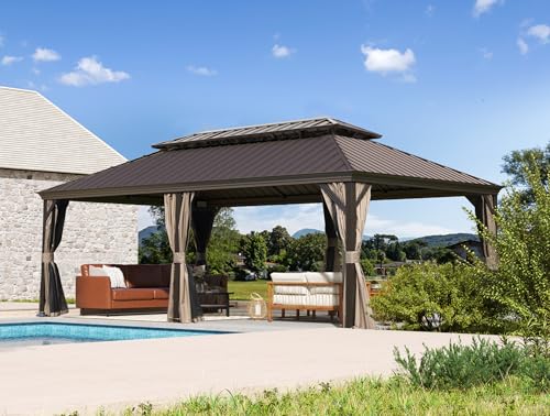 10 x 10 ft Hardtop Gazebo with Netting and Curtains, Galvanized Steel Roof for Patio K80436