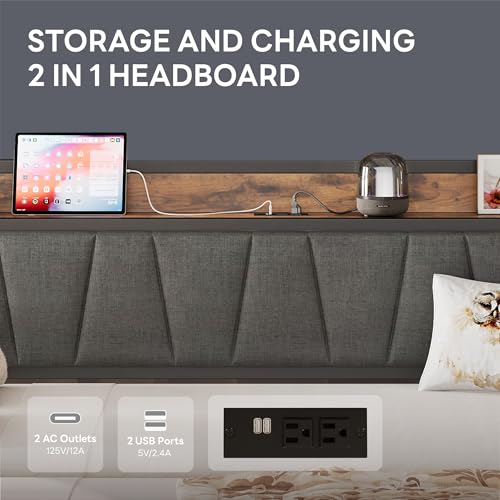 Daybed with Trundle Bed, Twin Bed Frame with Storage Headboard and Charging Station, Grey S3738