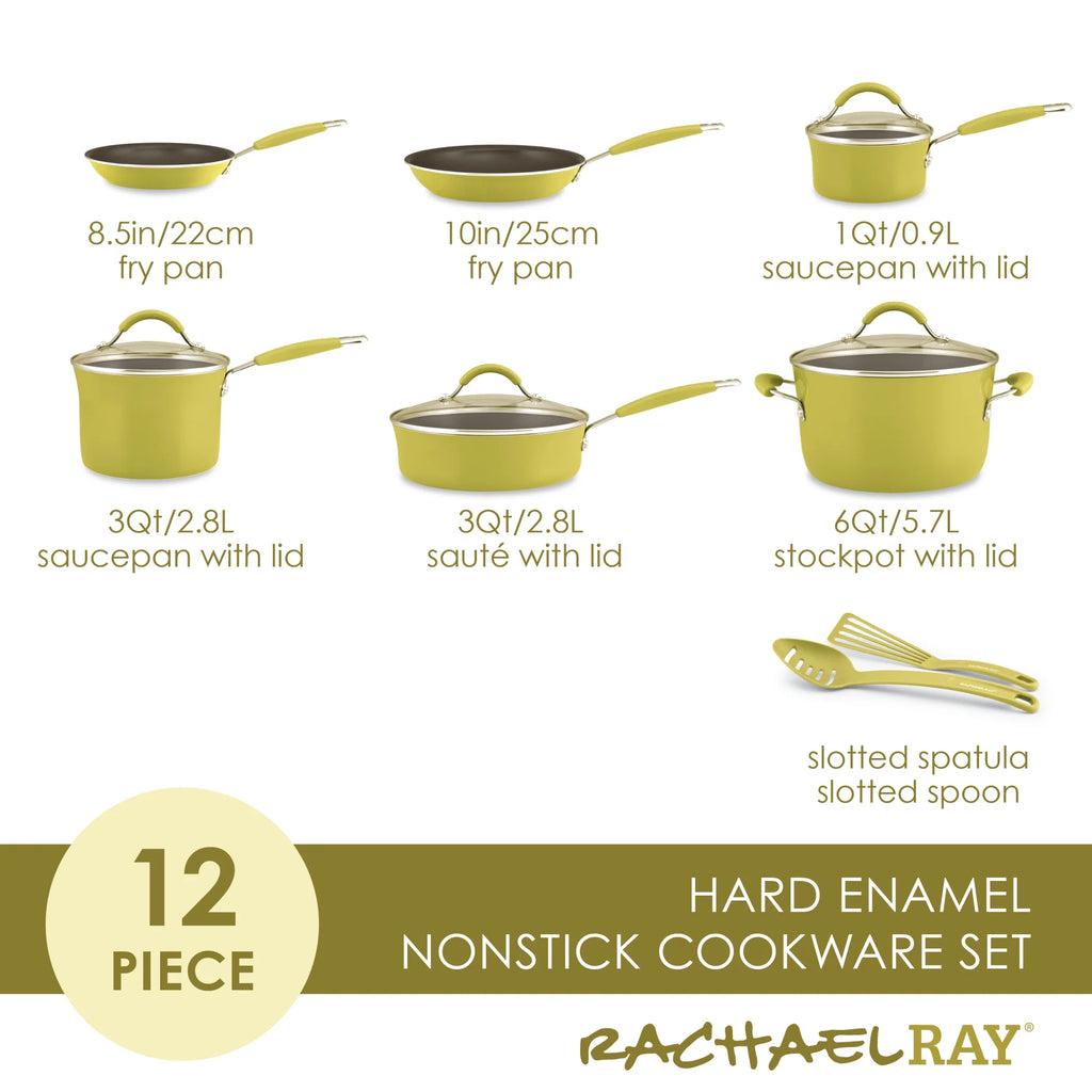 12 Piece Hard Porcelain Enamel Nonstick Pots and Pans, Lemongrass Green C889