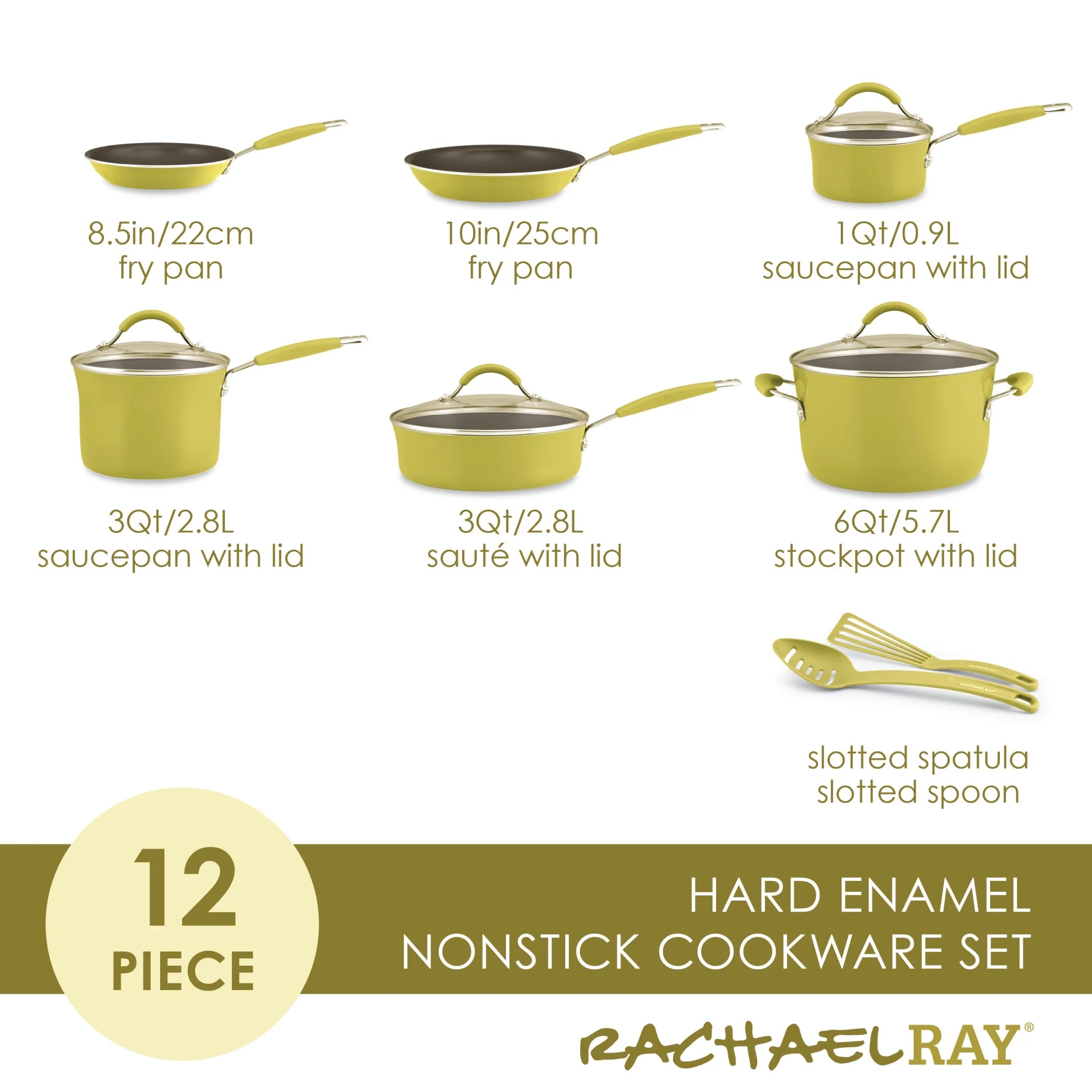 12 Piece Hard Porcelain Enamel Nonstick Pots and Pans, Lemongrass Green C889