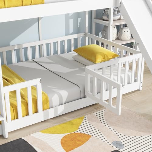 Twin Over Full Size Wooden Bunk Bed with Slide and Storage Stairs N394