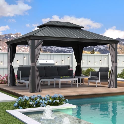 10' x 14' Permanent Hardtop Gazebo with Galvanized Steel Double Roof, Curtains and Netting Included M871