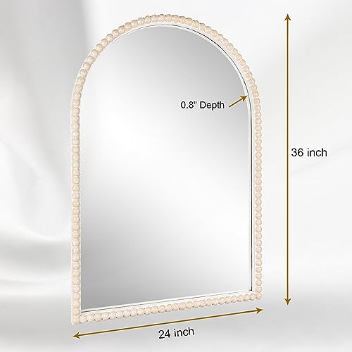 24"x36" Arch Wall Mirror with White Wooden Beads, Rustic Distressed P639802