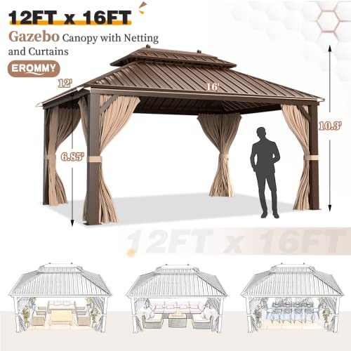 12x20 ft Hardtop Gazebo Double Roof Galvanized Steel Canopy Outdoor Aluminum Frame with Netting and Curtains X191579