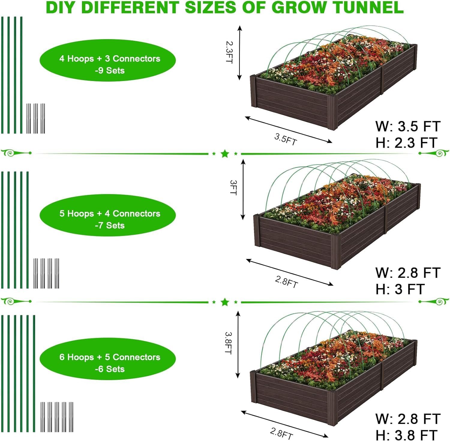 Garden Hoops for Raised Beds, 8ft Greenhouse Grow Tunnel with Clips K5233