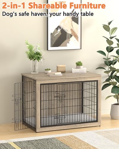 Dog Crate Furniture with Cushion, Heavy-Duty Metal Mesh, Wooden End Table with Double Doors, Indoor Kennel for Small Breed, Grey M3321