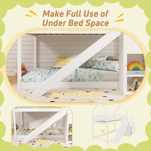 Twin Over Twin Bunk Bed with Slide & Stairs, Wood, White M692
