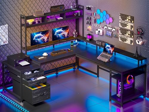 Large L Shaped Gaming Desk with Hutch and Drawers, 64" Reversible Computer Desk with Storage Shelves, Monitor Stand and LED Light for Home Office, Power Outlets, White V6783