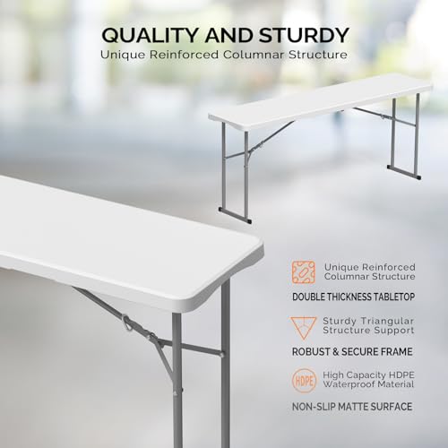 6 FT Narrow Folding Table, HDPE Top with Metal Frame for Parties, Seminars, Home Use I854236