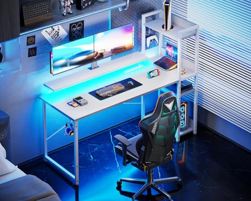 Reversible Gaming Desk with USB Charging Port and LED Lights, 40 Inch Computer Desk with Storage Shelves M571