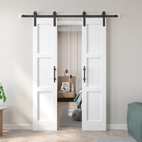 Double 21x84in White Barn Door with 7FT Sliding Hardware Kit, MDF, PVC Surface, DIY Assembly R60322